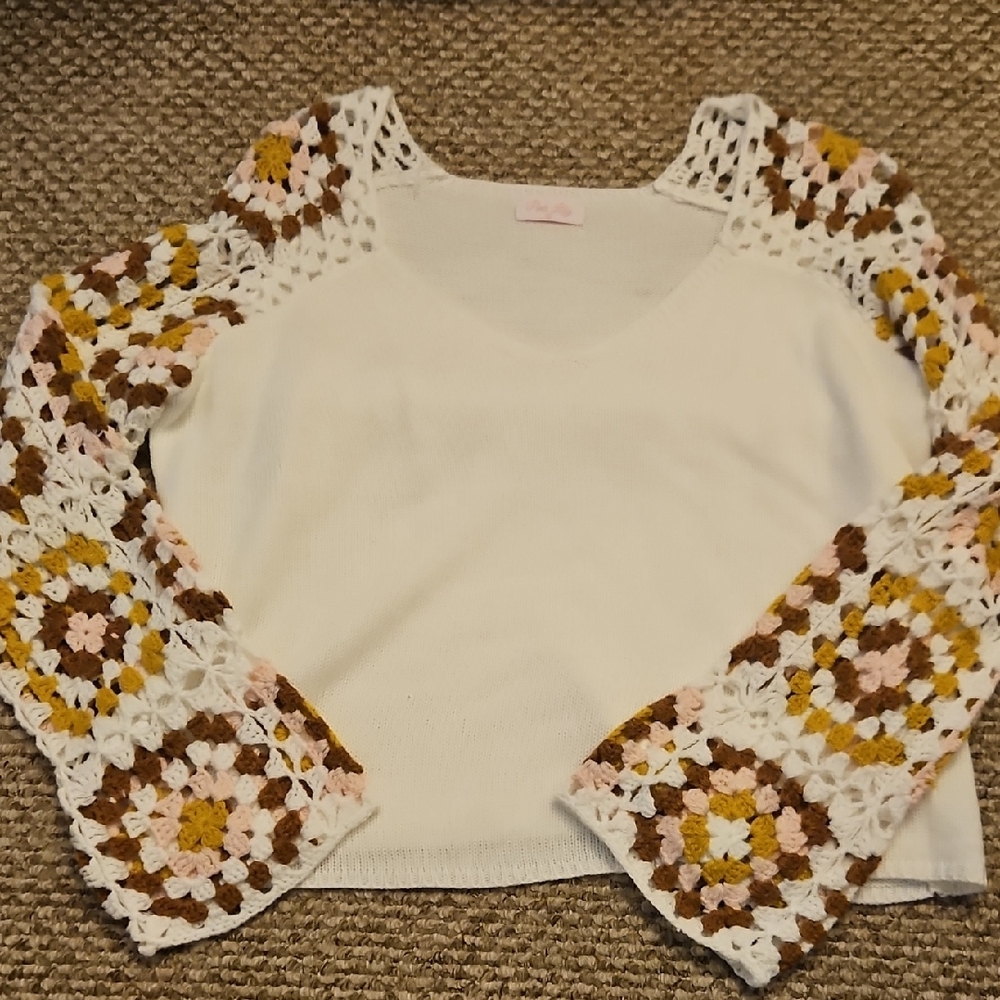 Pink Lily V-Neck Sweater with Crochet Sleeves - White and Multicolor